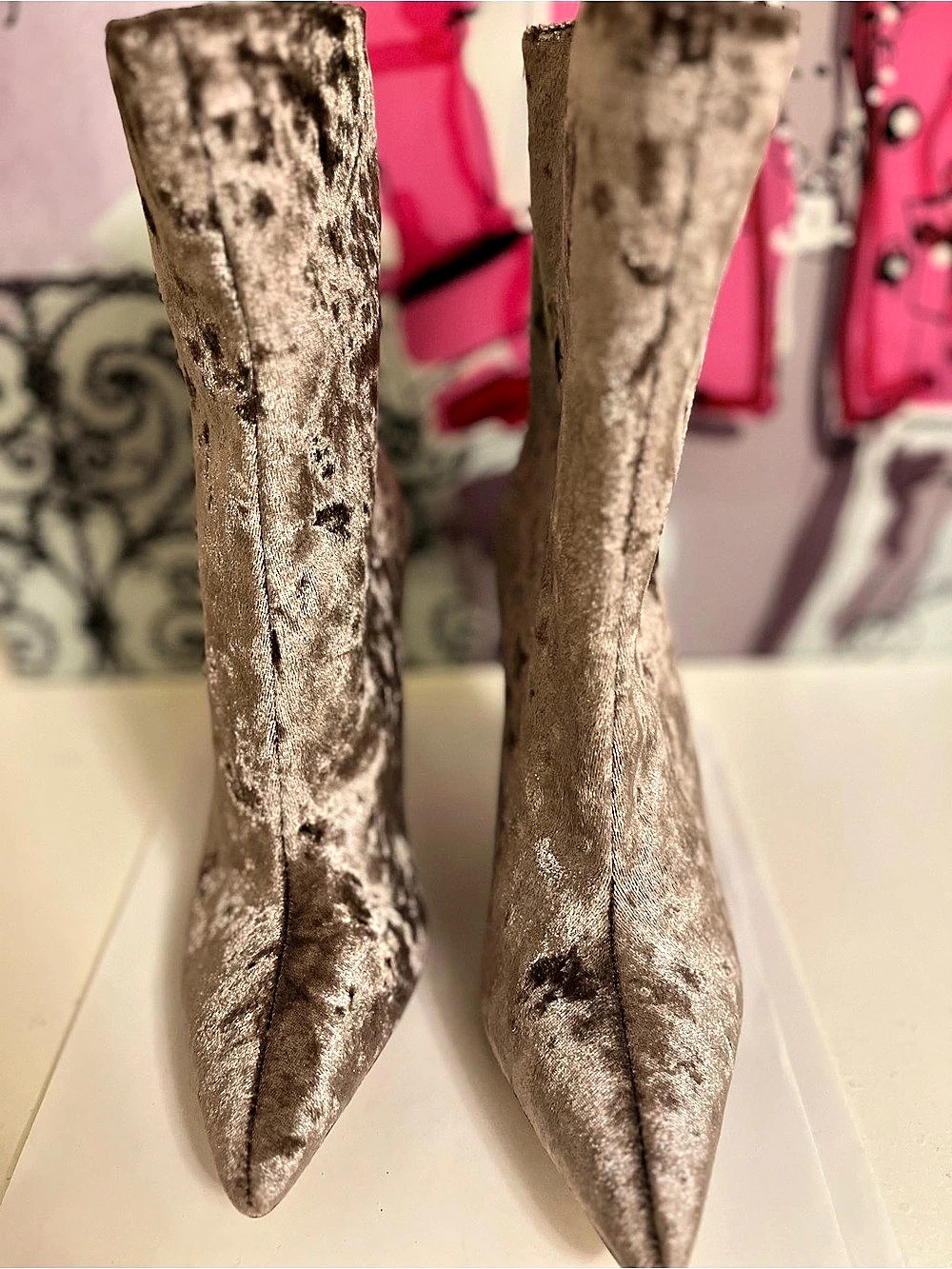 Mistress Rocks Champagne Crushed Velvet Stiletto Ankle Boots 37 NWOB